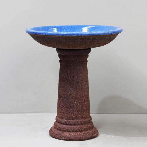 Rough Brown Clay + Fireworks Blue Birdbath - D53cm x 60cm