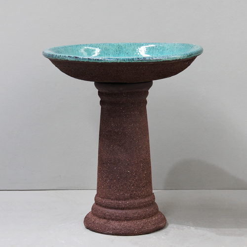 Rough Brown Clay + Fireworks Green Birdbath - D53cm x 60cm